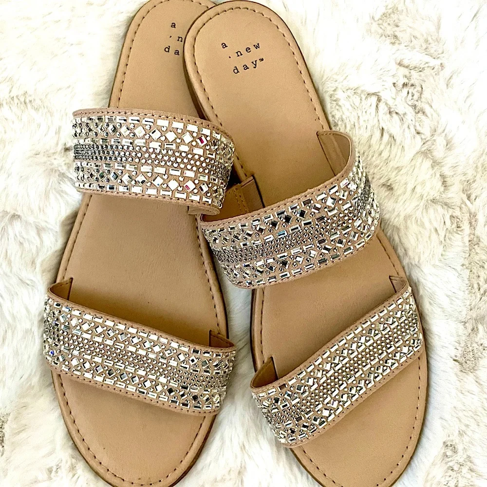 a new day Tan Rhinestone Double-Strap Slide Sandals
